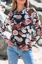 Long Sleeve Tops Floral Slim-Fit Mesh Top