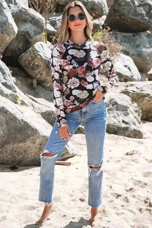 Long Sleeve Tops Floral Slim-Fit Mesh Top