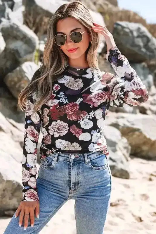 Long Sleeve Tops Floral Slim-Fit Mesh Top