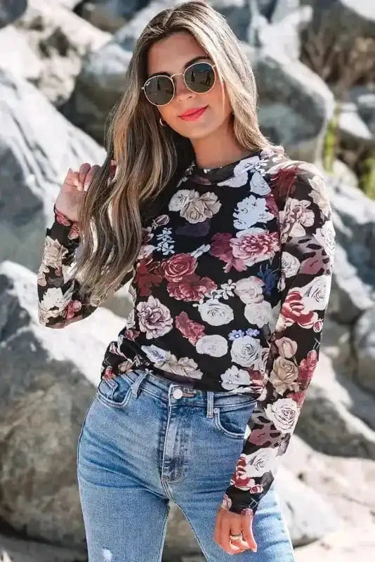Long Sleeve Tops Floral Slim-Fit Mesh Top