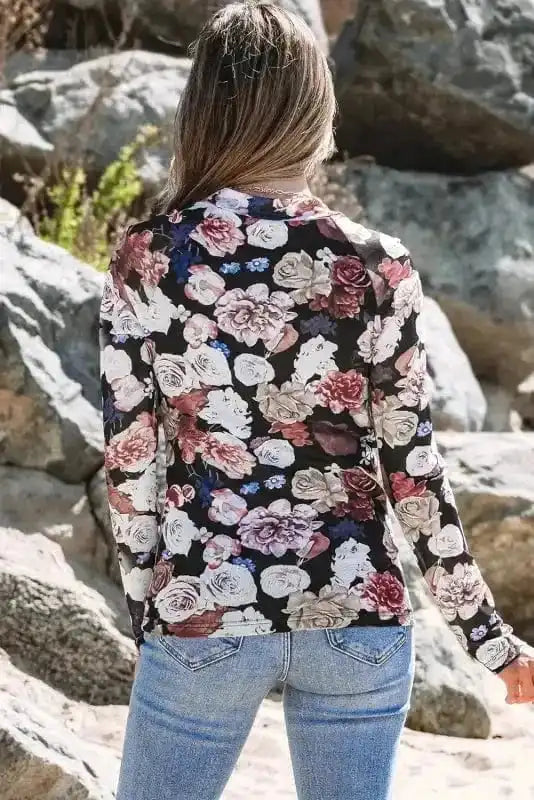 Long Sleeve Tops Floral Slim-Fit Mesh Top