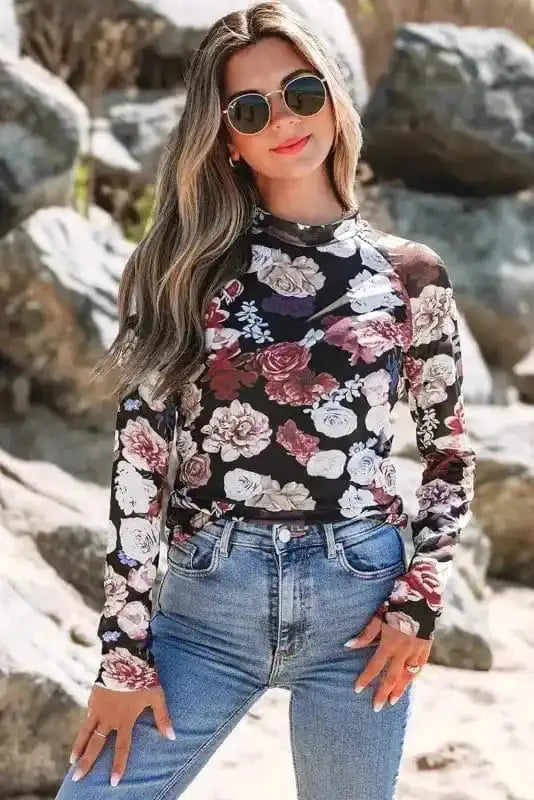 Long Sleeve Tops Floral Slim-Fit Mesh Top