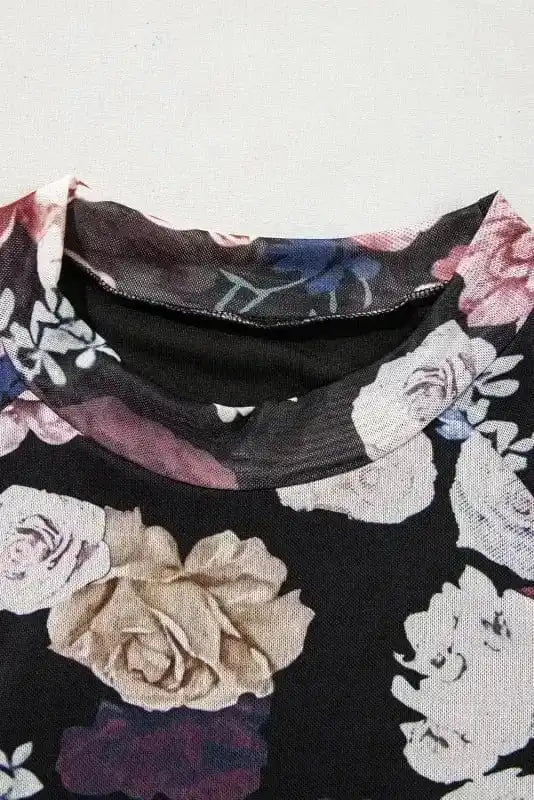 Long Sleeve Tops Floral Slim-Fit Mesh Top