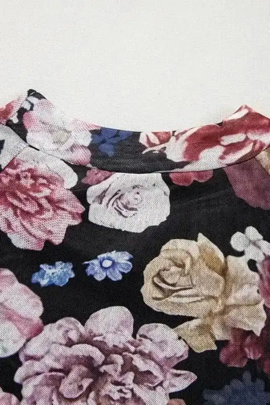 Long Sleeve Tops Floral Slim-Fit Mesh Top