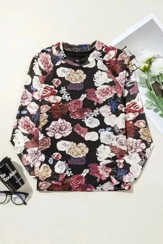 Long Sleeve Tops Floral Slim-Fit Mesh Top