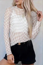 Long Sleeve Tops Khaki / S / 95%Polyester+5%Elastane Urban Grid Mesh Top