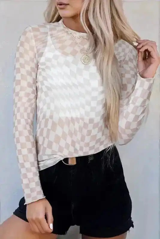 Long Sleeve Tops Khaki / S / 95%Polyester+5%Elastane Urban Grid Mesh Top