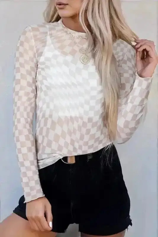 Long Sleeve Tops Khaki / S / 95%Polyester+5%Elastane Urban Grid Mesh Top