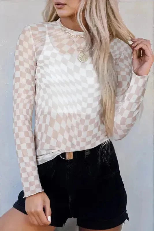 Long Sleeve Tops Khaki / S / 95%Polyester+5%Elastane Urban Grid Mesh Top