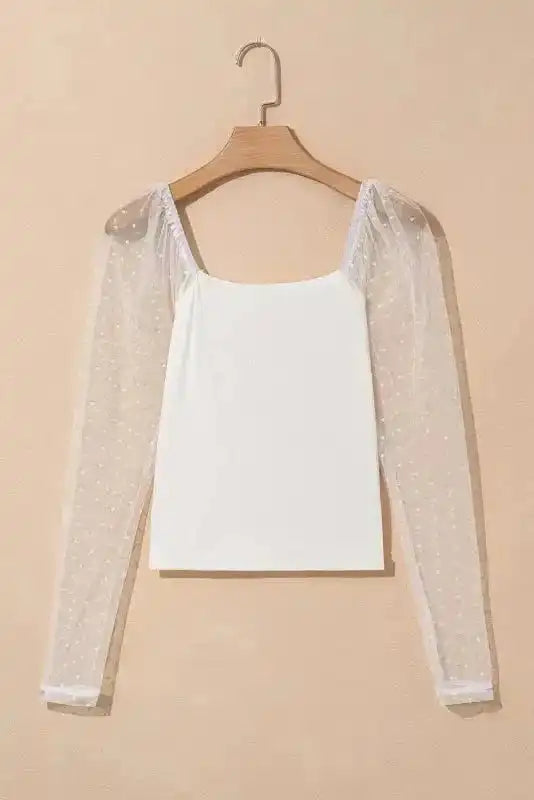 Long Sleeve Tops Mesh Sleeve Ribbed Slim Top
