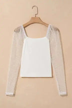 Long Sleeve Tops Mesh Sleeve Ribbed Slim Top