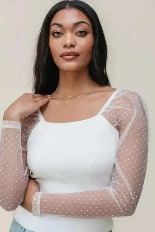 Long Sleeve Tops Mesh Sleeve Ribbed Slim Top