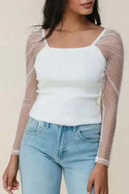 Long Sleeve Tops Mesh Sleeve Ribbed Slim Top