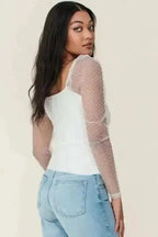 Long Sleeve Tops Mesh Sleeve Ribbed Slim Top
