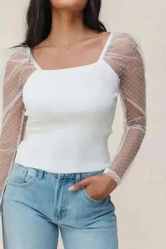 Long Sleeve Tops White / S / 93%Viscose+7%Elastane Mesh Sleeve Ribbed Slim Top