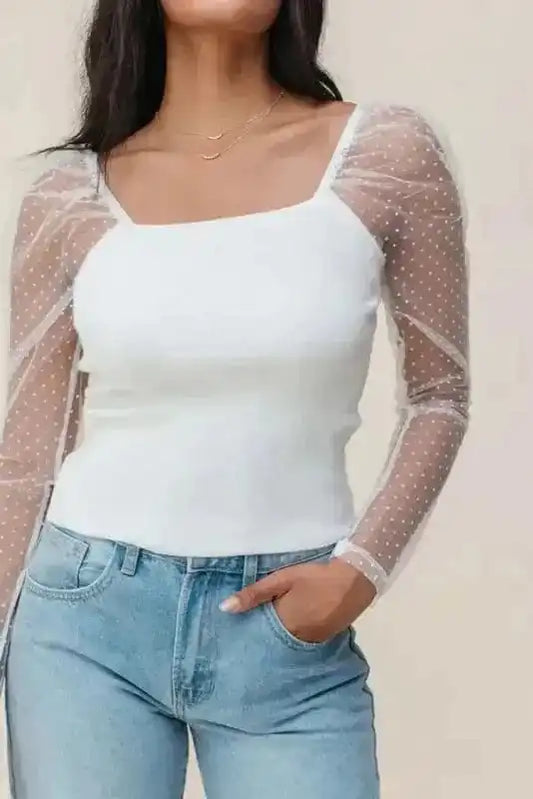 Long Sleeve Tops White / S / 93%Viscose+7%Elastane Mesh Sleeve Ribbed Slim Top