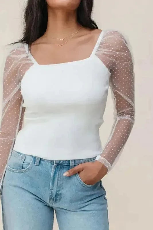 Long Sleeve Tops White / S / 93%Viscose+7%Elastane Mesh Sleeve Ribbed Slim Top