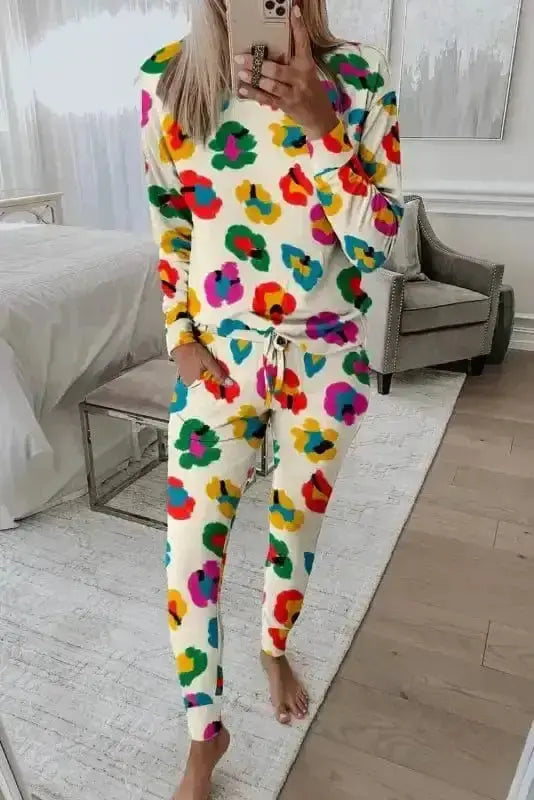 Apricot savannah sunset leopard lounge set front view — Fashionfitz UK