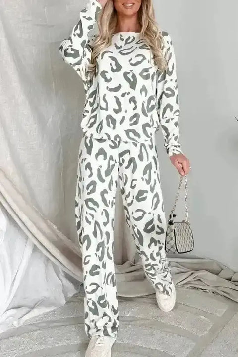Beige leopard print long sleeve lounge set front view — Fashionfitz UK