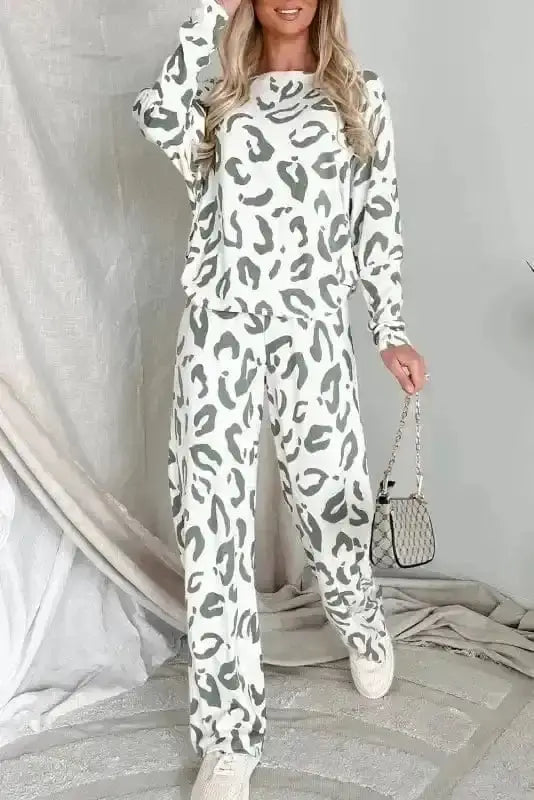 Beige leopard print long sleeve lounge set front view — Fashionfitz UK