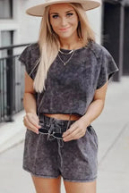 Loungewear Black Acid Washed Short Lounge Set
