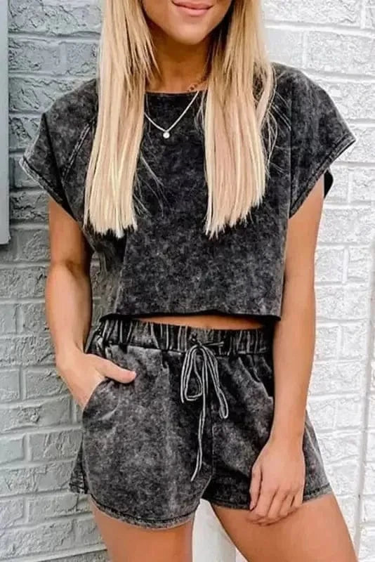 Loungewear Black / S / 100%Cotton Black Acid Washed Short Lounge Set