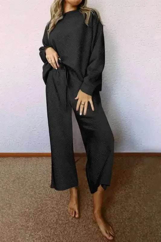 Loungewear Black / S / 95%Polyester+5%Elastane Black Ultra Loose Textured 2pcs Slouchy Outfit