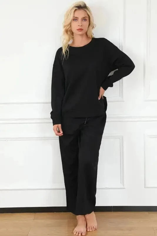 Loungewear Black Ultra Loose Textured 2pcs Slouchy Outfit