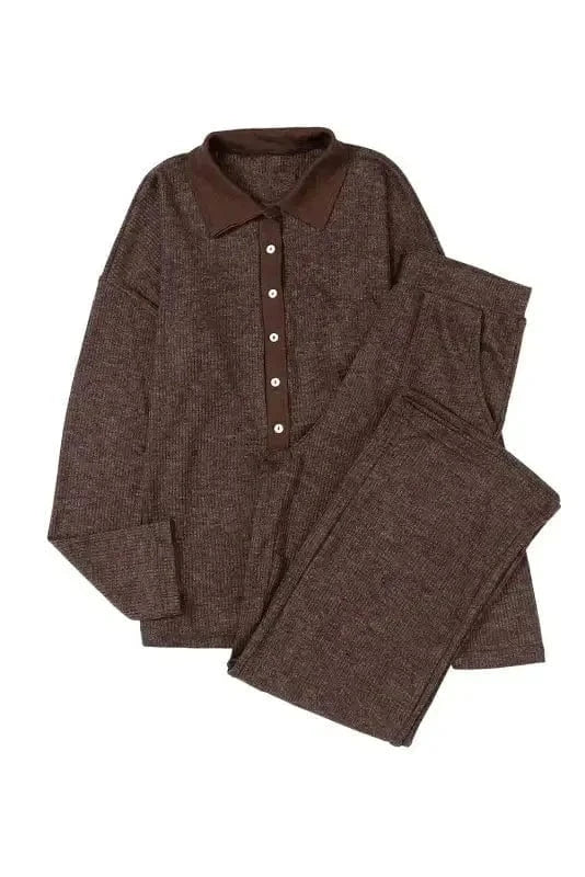 Loungewear Brown Ribbed Knit Collared Henley Top and Pants Lounge Outfit