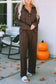 Loungewear Brown Ribbed Knit Collared Henley Top and Pants Lounge Outfit