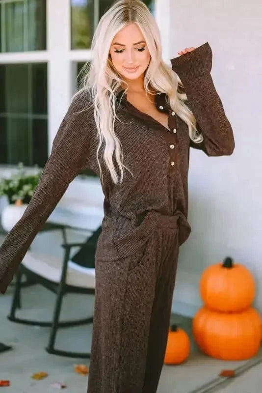Loungewear Brown Ribbed Knit Collared Henley Top and Pants Lounge Outfit
