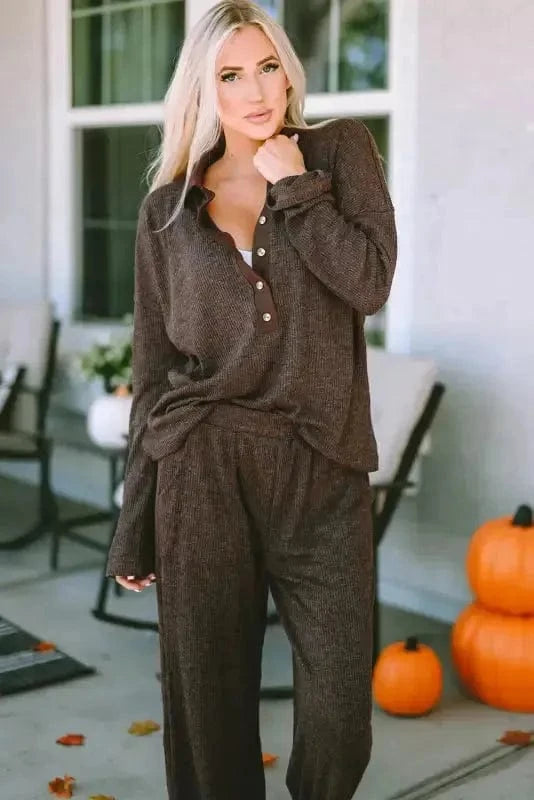 Loungewear Brown Ribbed Knit Collared Henley Top and Pants Lounge Outfit
