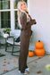 Loungewear Brown Ribbed Knit Collared Henley Top and Pants Lounge Outfit