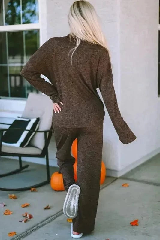 Loungewear Brown Ribbed Knit Collared Henley Top and Pants Lounge Outfit