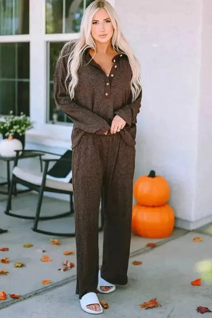Loungewear Brown / S / 85%Polyester+10%Viscose+5%Elastane Brown Ribbed Knit Collared Henley Top and Pants Lounge Outfit