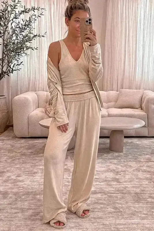 Loungewear Oatmeal / S / 75%Polyester+20%Viscose+5%Elastane 3-Piece Loungewear Set Cozy Knit
