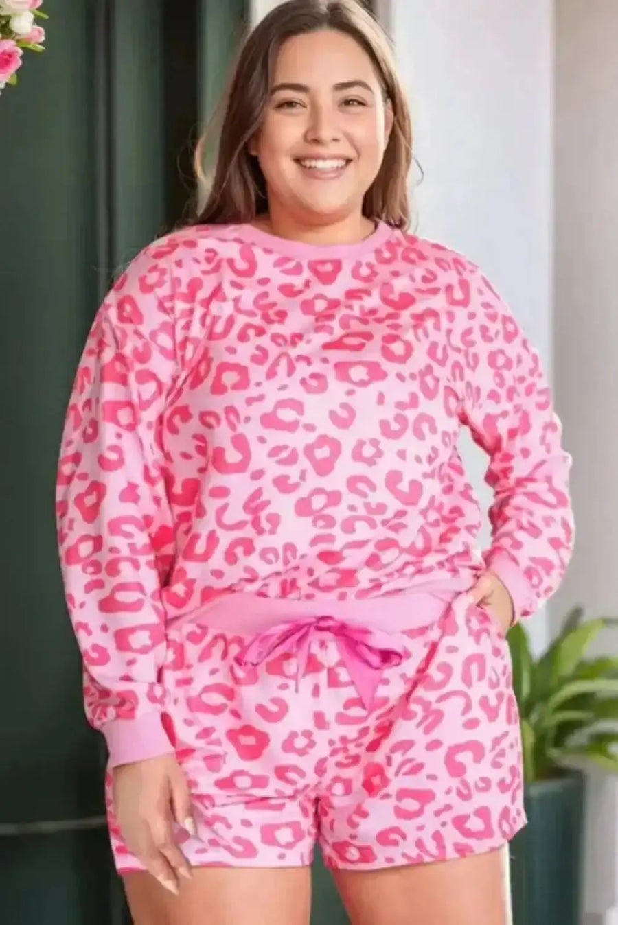 Loungewear Pink Leopard Long Sleeve Satin Tie Shorts Two Piece Set