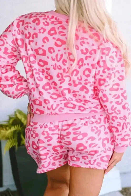 Loungewear Pink Leopard Long Sleeve Satin Tie Shorts Two Piece Set