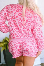 Loungewear Pink Leopard Long Sleeve Satin Tie Shorts Two Piece Set