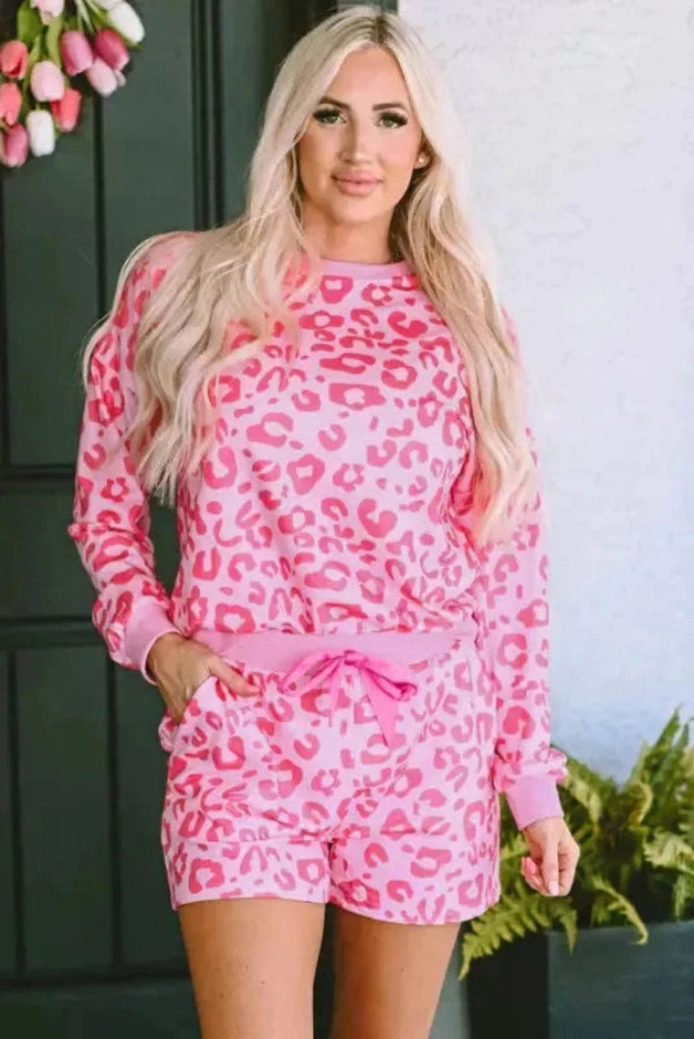 Loungewear Pink Leopard Long Sleeve Satin Tie Shorts Two Piece Set