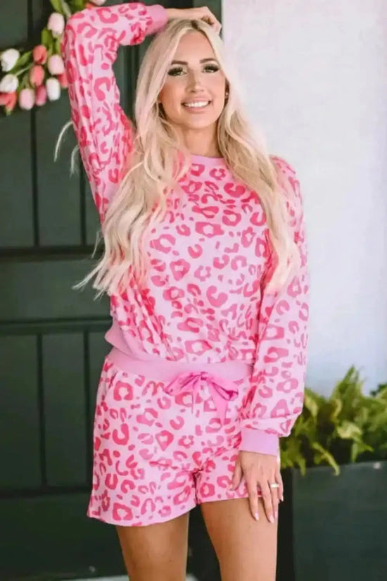 Loungewear Pink Leopard Long Sleeve Satin Tie Shorts Two Piece Set