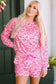 Loungewear Pink Leopard Long Sleeve Satin Tie Shorts Two Piece Set