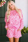 Loungewear Pink Leopard Long Sleeve Satin Tie Shorts Two Piece Set