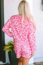 Loungewear Pink Leopard Long Sleeve Satin Tie Shorts Two Piece Set