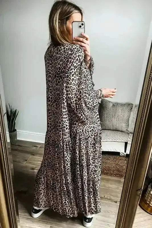 Apricot leopard wide sleeve maxi dress back view — Fashionfitz UK