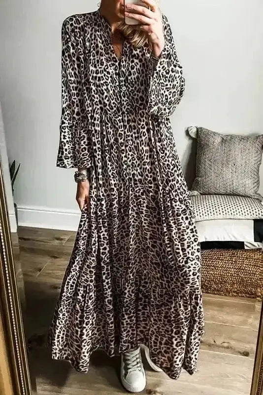 Apricot leopard print wide sleeve maxi dress front view — Fashionfitz UK