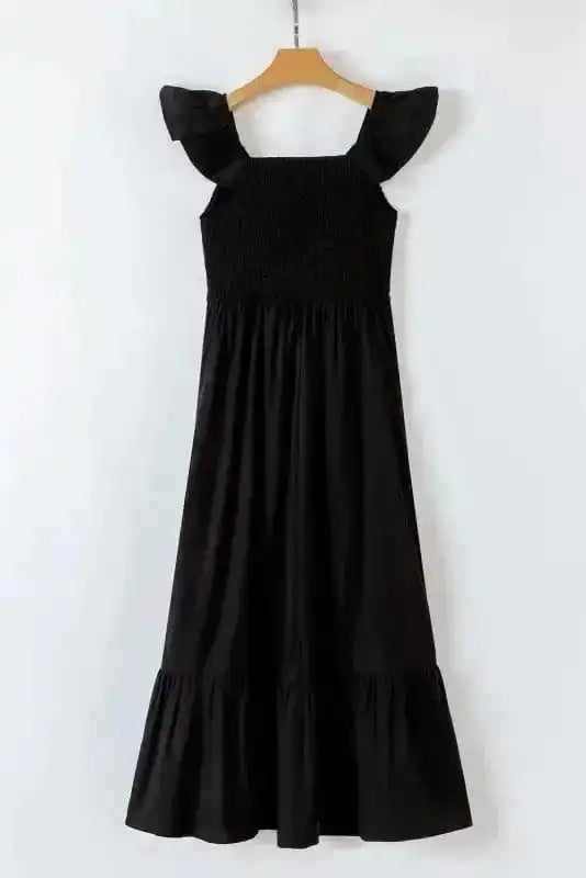Maxi Dresses Black Maxi Dress - Flutter Sleeve Smocked Bodice