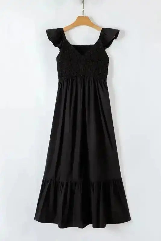 Maxi Dresses Black Maxi Dress - Flutter Sleeve Smocked Bodice