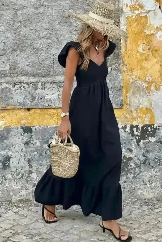 Maxi Dresses Black Maxi Dress - Flutter Sleeve Smocked Bodice