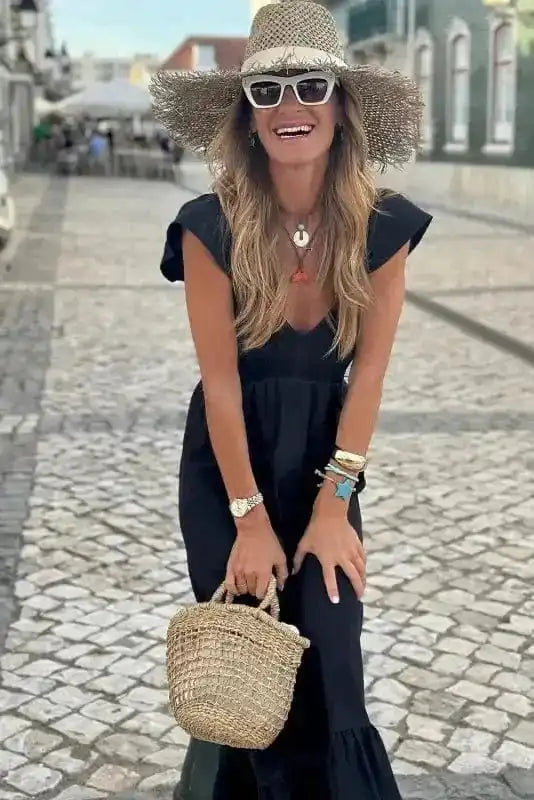 Maxi Dresses Black Maxi Dress - Flutter Sleeve Smocked Bodice